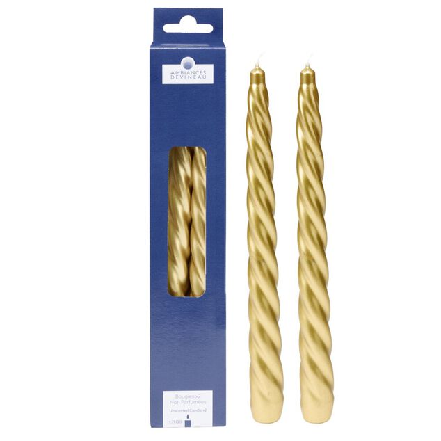 Bougie cire X2 pcs forme flambeau torsad&eacute; H25 cm dor&eacute;