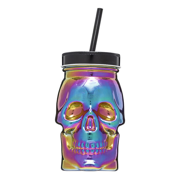 Gobelet verre forme t&ecirc;te de mort couvercle et paille 500 ml