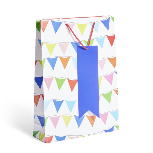 Sac cadeau blanc motifs fanions multicolores - Taille XL