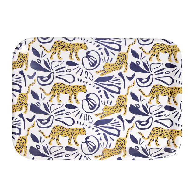 Plateau rectangulaire motif l&eacute;opard blanc et bleu 27x38cm