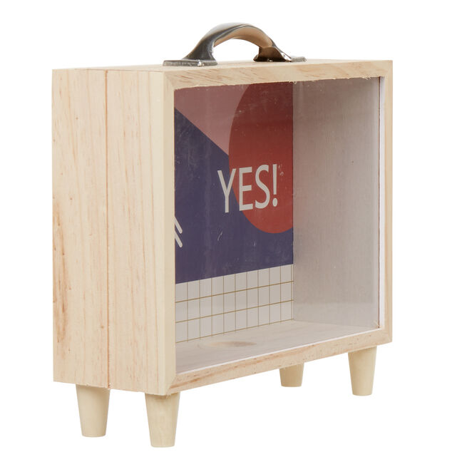 Tirelire bois bleu et blanc motif rond rouge inscription Yes