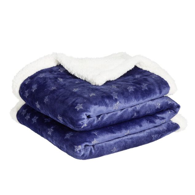 Plaid sherpa motif &eacute;toile argent&eacute; et bleu 120x150cm