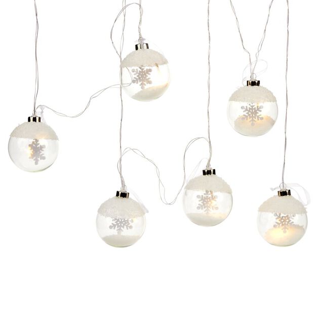 Guirlande de No&euml;l 6 boules en verre motif flocon de neige blanc 3m