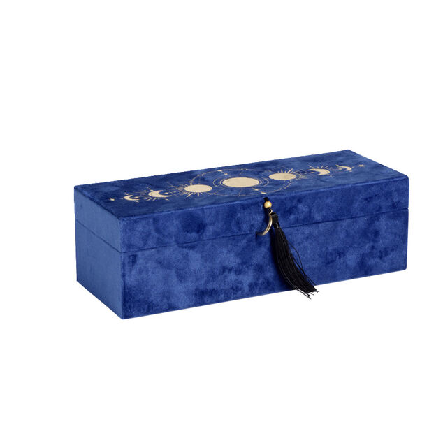Bo&icirc;te &agrave; bijoux velours bleu motif syst&egrave;me solaire dor&eacute; 28x10,5xH9cm