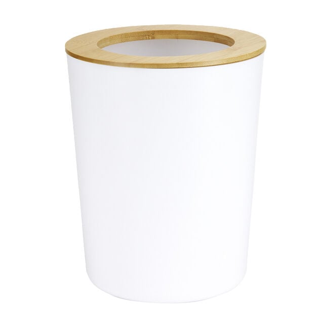 Poubelle salle de bain ronde en bambou et plastique blanc &Oslash;19,5xH24,5cm