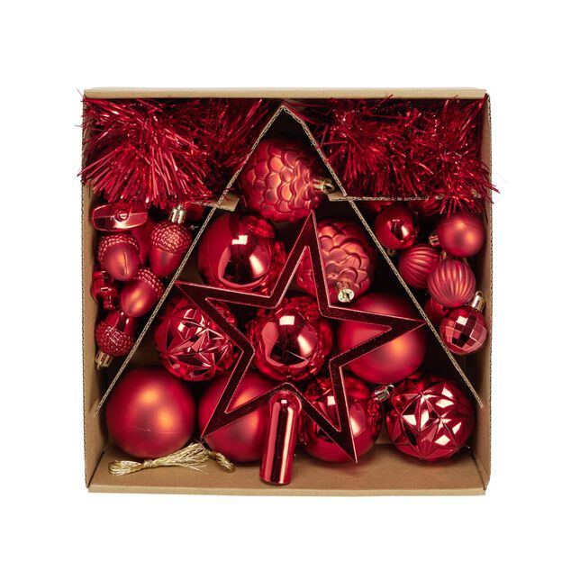 Kit d&eacute;coration sapin de No&euml;l plastique rouge 40 pi&egrave;ces