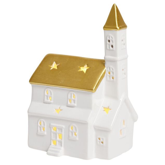 &Eacute;glise lumineuse d&eacute;co No&euml;l 1LED c&eacute;ramique blanc et dor&eacute; H19cm
