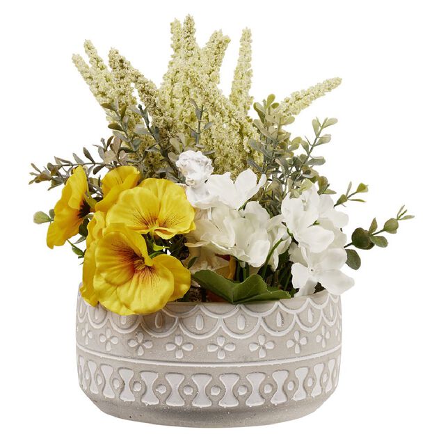 Pot ciment fleur artificielle jaune et blanche Ø18xH25cm