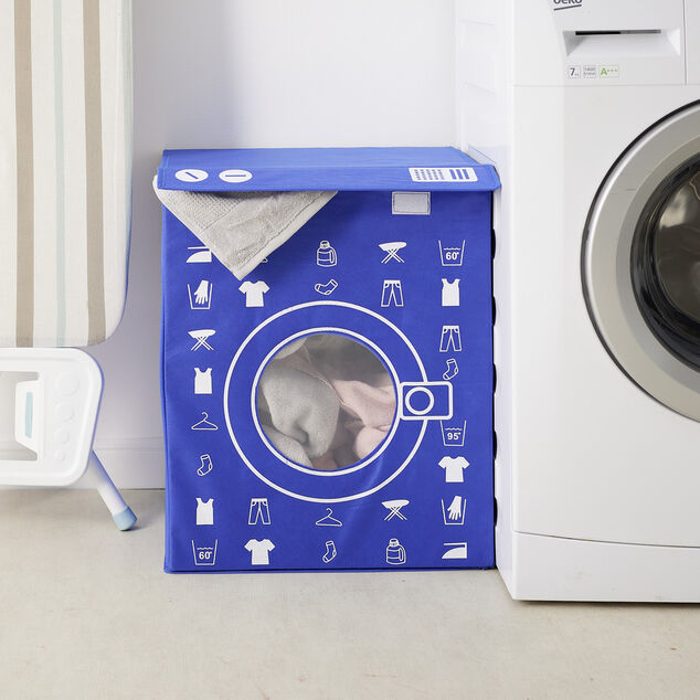 Panière de rangement à linge décor machine à laver bleu 44x35x55cm