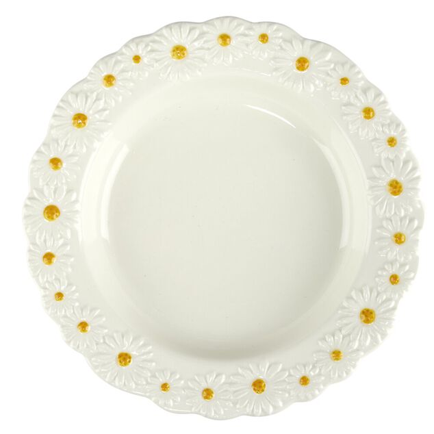 Assiette ronde en dolomite blanche bord relief marguerite &Oslash;20cm