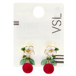 Boucles d'oreilles fleur blanche et dor&eacute;e avec cerise rouge pendante