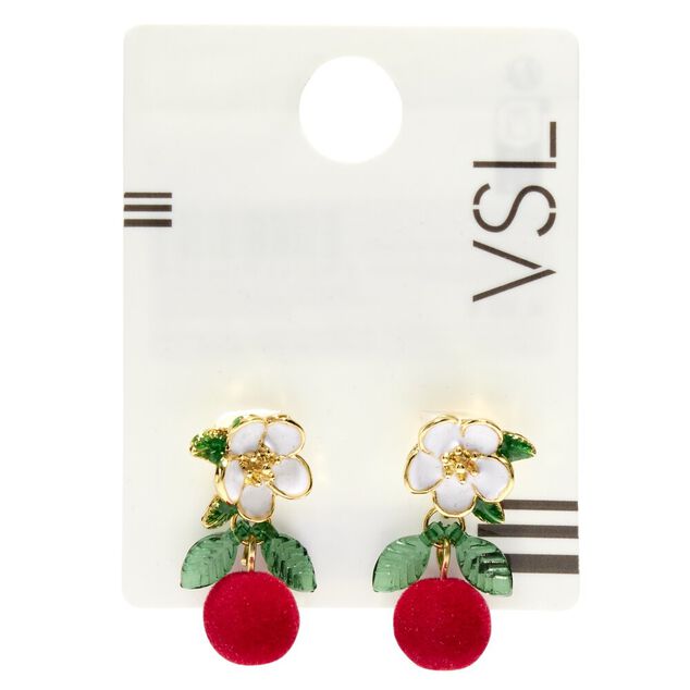 Boucles d'oreilles fleur blanche et dor&eacute;e avec cerise rouge pendante