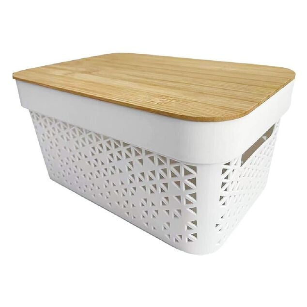 Pani&egrave;re de rangement blanche avec couvercle en bambou moyen mod&egrave;le