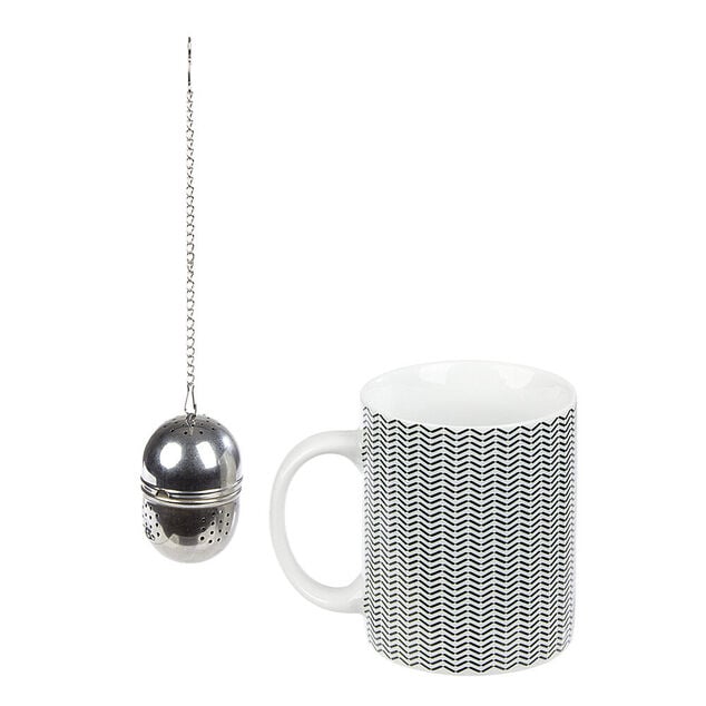 Mug porcelaine avec boule &agrave; th&eacute; inox noir blanc 35 cl