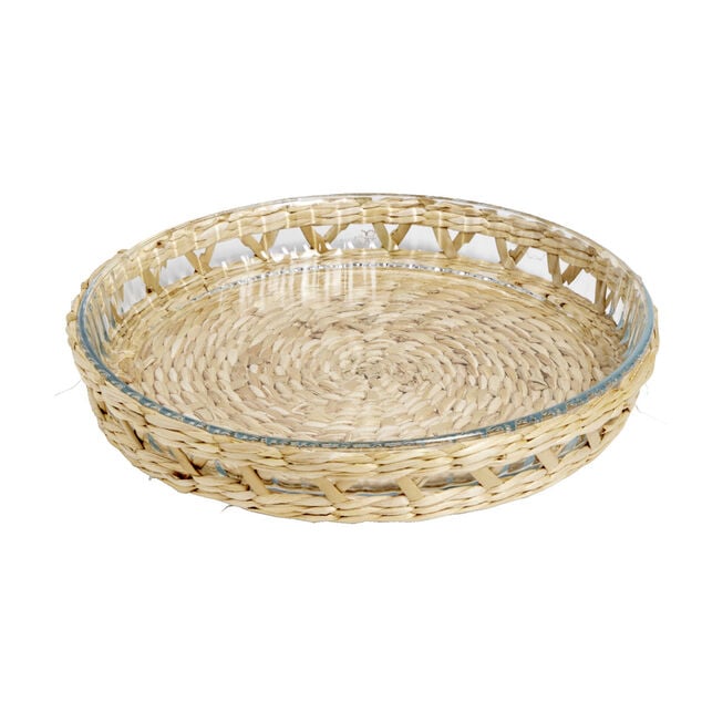 Plat &agrave; four en verre transparent et d&eacute;co raphia beige &Oslash;27,5xH4,5cm