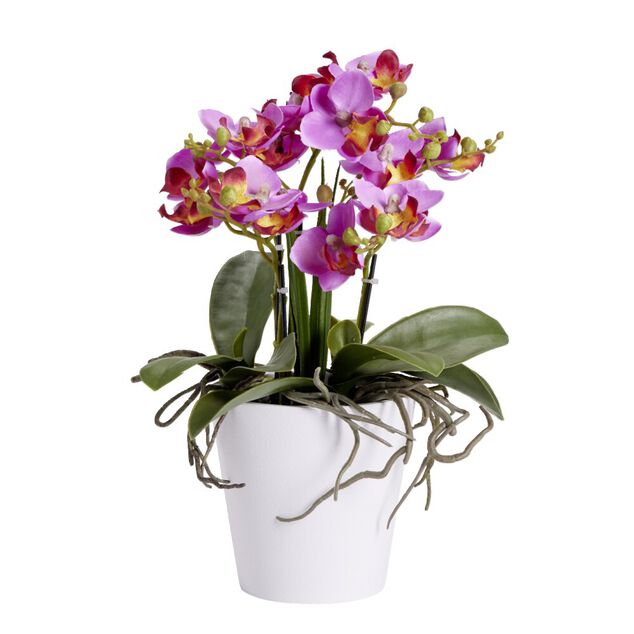 Fleurs artificielles en pot orchid&eacute;e rose 5 branches H32cm - 3 mod&egrave;les
