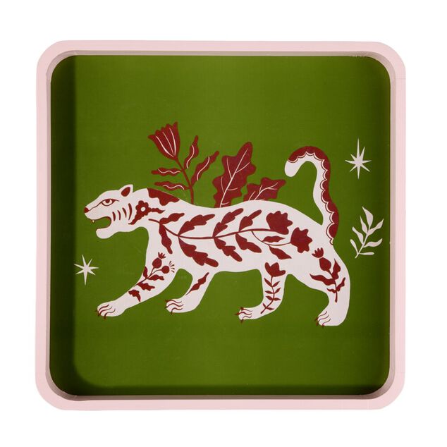 Plateau carr&eacute; bois motif animaux 28x28cm (2 mod&egrave;les tigre ou serpent)