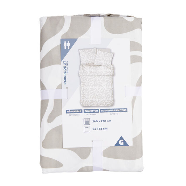 Parure de lit 2 personnes 240x220cm polyester motif feuillage beige et blanc