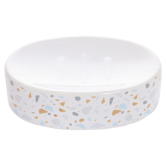 Porte-savon céramique motif terrazzo blanc et bleu 13x8,5xH3cm