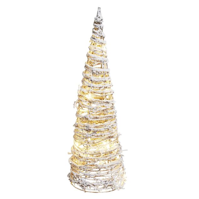 Sapin de No&euml;l lumineux rotin effet givre 10LED blanc chaud &Oslash;13xH30cm