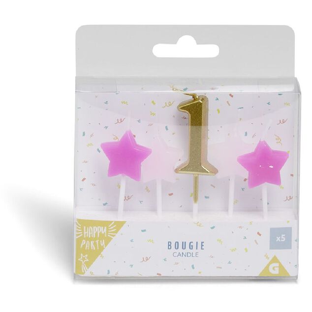 Bougie anniversaire chiffre 1 dor&eacute; avec bougies &eacute;toiles roses