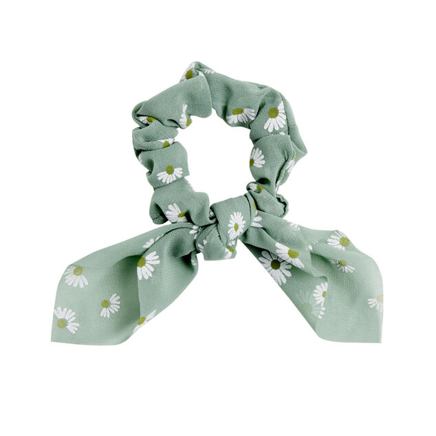 Chouchou en tissu motif fleur avec noeud court Ø7xH4cm (2 modèles)