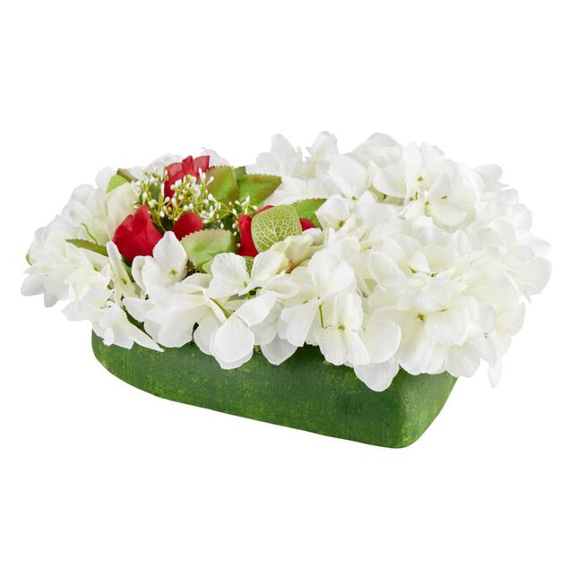 Coussin en forme de coeur hortensias blancs et roses rouges 35x40cm