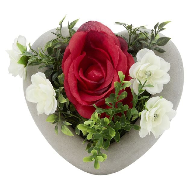 Fleurs artificielles rose dans pot d&eacute;cor coeur H12 cm violet