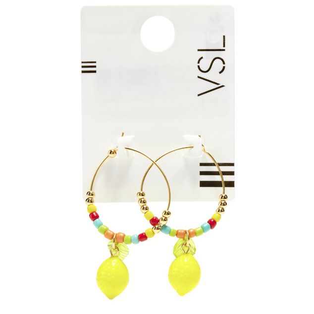Boucles d'oreilles cr&eacute;oles fines dor&eacute;es perles multicolores et citron pendant