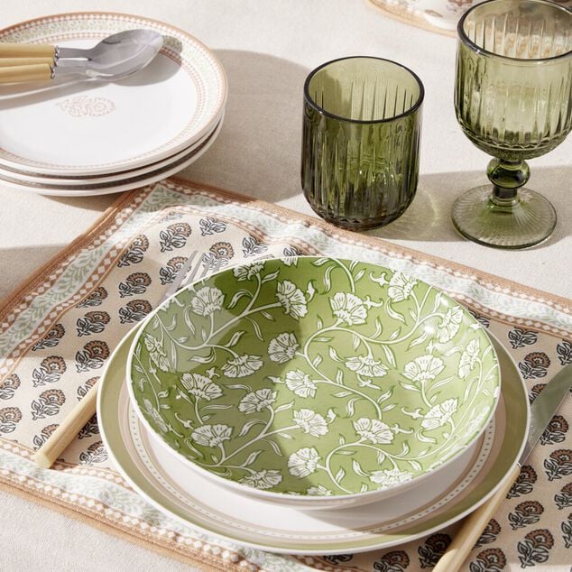 Service vaisselle porcelaine 4 personnes 12 pi&egrave;ces motif floral vert et beige