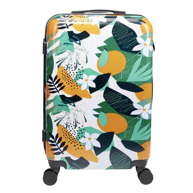 Valise cabine 64L trolley plastique ABS motif tropical avec cadenas 44x26xH67cm