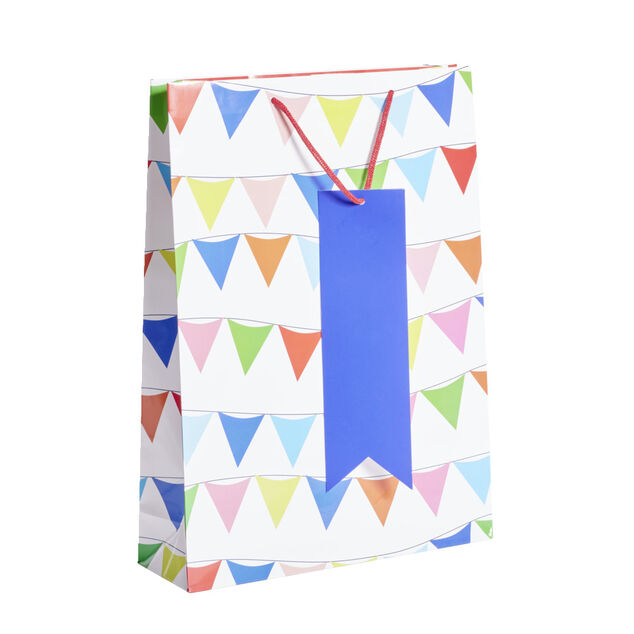 Sac cadeau blanc motifs fanions multicolores - Taille XL