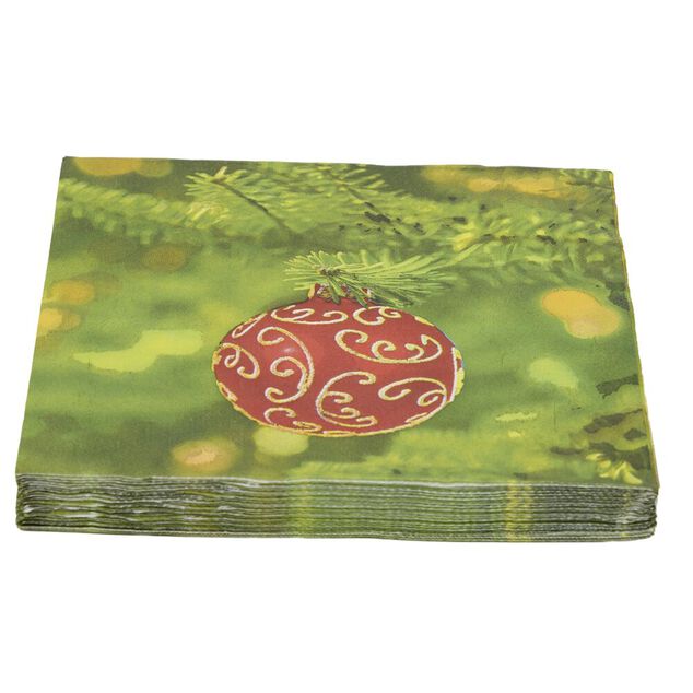 Serviette en papier 4 plis X20 pcs imprim&eacute; boule de No&euml;l suspendue 33X33 cm rouge et vert