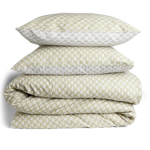 Parure de lit 2 places finition boutons coton imprim&eacute; beige et vert