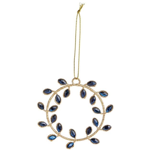 D&eacute;coration &agrave; suspendre couronne dor&eacute;e avec ornement rouge ou bleu &Oslash;8,5cm