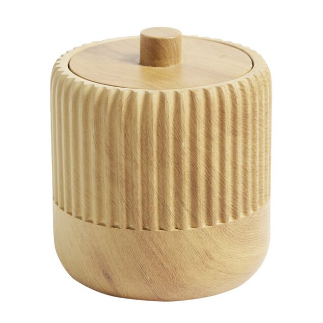 Pot &agrave; coton rond plastique imitation bois avec couvercle &Oslash;9xH10cm