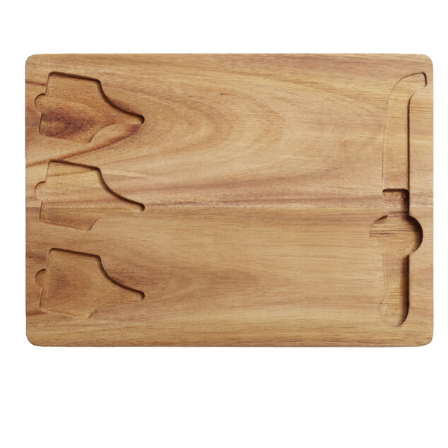 Plateau à fromage en bois avec couteau et 3 pancartes