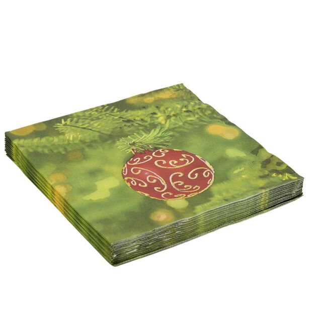 Serviette en papier 4 plis X20 pcs imprim&eacute; boule de No&euml;l suspendue 33X33 cm rouge et vert