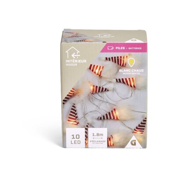Guirlande lumineuse int&eacute;rieur gnome 10LED blanc chaud &agrave; piles 1,8m