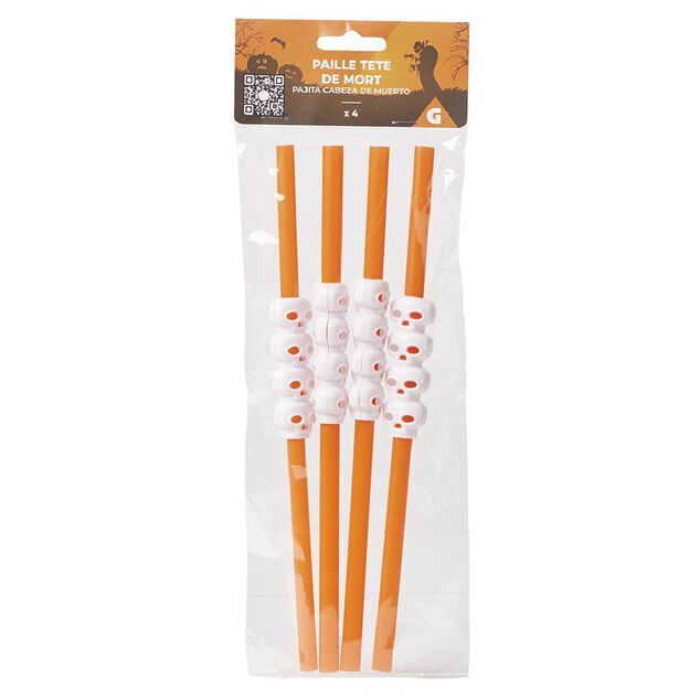Paille plastique Halloween d&eacute;cor cr&acirc;ne x4