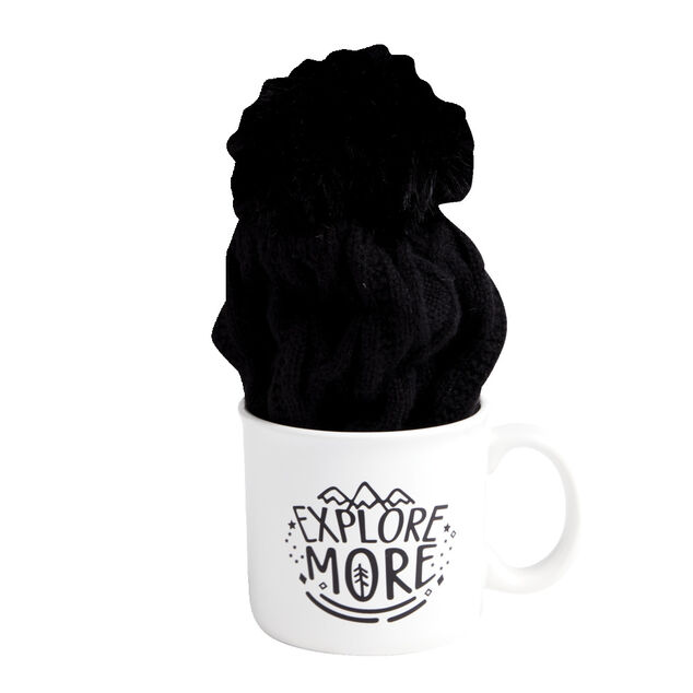 Ensemble mug 450ml faïence avec bonnet à pompon noir