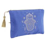 Pochette tissu main de Fatma Eid Mubarak bleue et dor&eacute;e 14x20cm