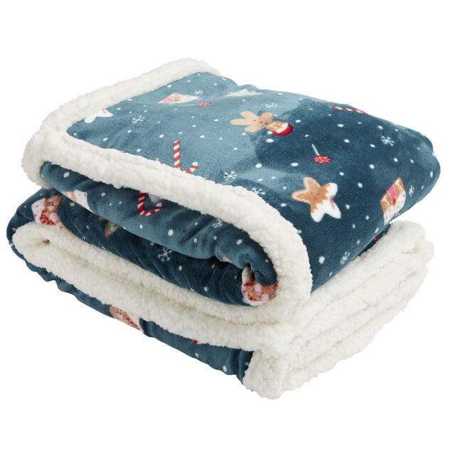 Plaid sherpa No&euml;l flanelle motifs sucre d'orge pain d'&eacute;pices 120x150cm