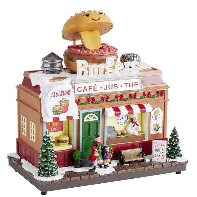 Village de No&euml;l anim&eacute; LED et son sc&egrave;ne restaurant 23x13,5xH20 cm