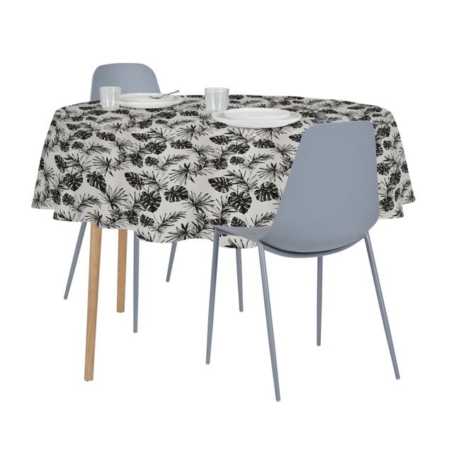 Nappe ronde tissu motif feuillage exotique blanc et noir Ø160cm
