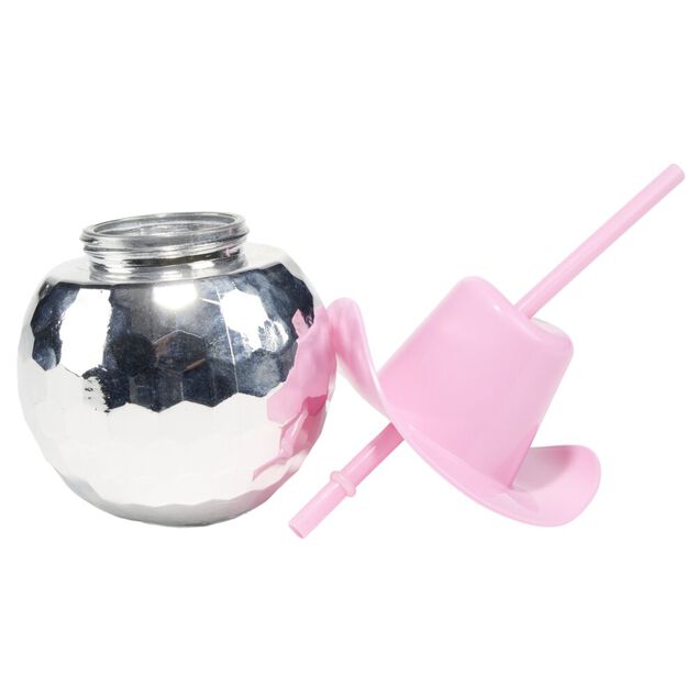 Gobelet boule disco avec paille et chapeau 510 ml &Oslash;10XH14 cm argent&eacute;