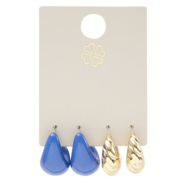 Boucles d'oreilles 2 paires goutte bleu et m&eacute;tal dor&eacute; L2,5cm