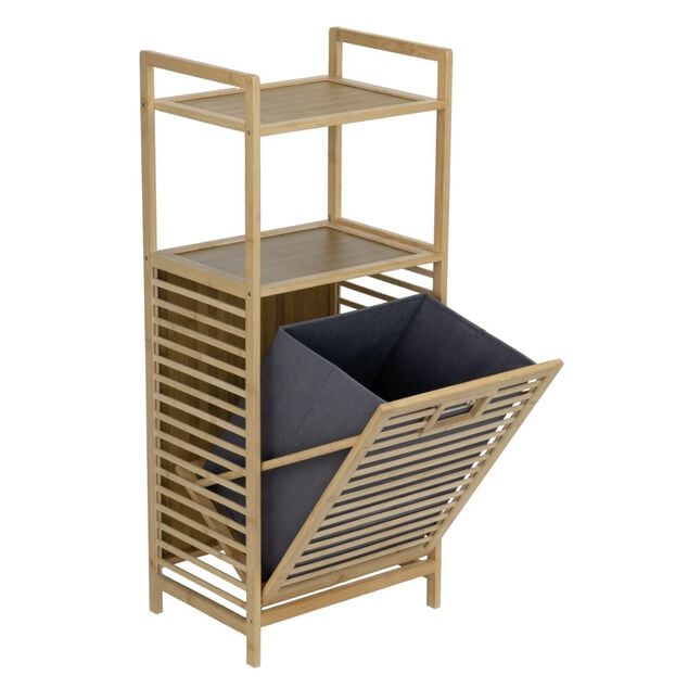 &Eacute;tag&egrave;re 2 niveaux en bambou avec panier &agrave; linge 28L int&eacute;gr&eacute; 40x30xH95cm