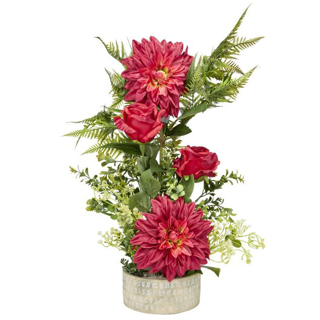 Vasque ciment dahlias roses foug&egrave;res mini buis &Oslash;38xH55cm (4 mod&egrave;les)