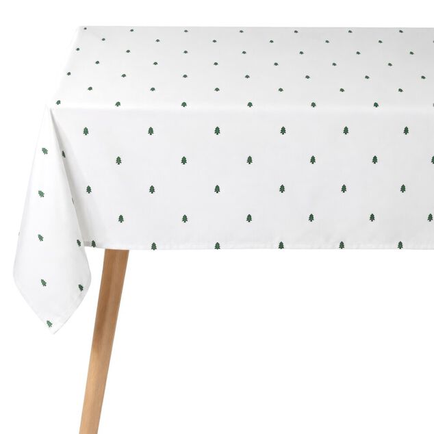 Nappe en faux lin imprim&eacute; sapin de No&euml;l L300X140 cm blanc et vert